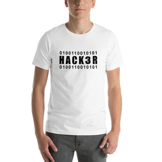 0100110010101 Hack3r - Short-Sleeve Unisex T-Shirt (black text) by DarkByteGear