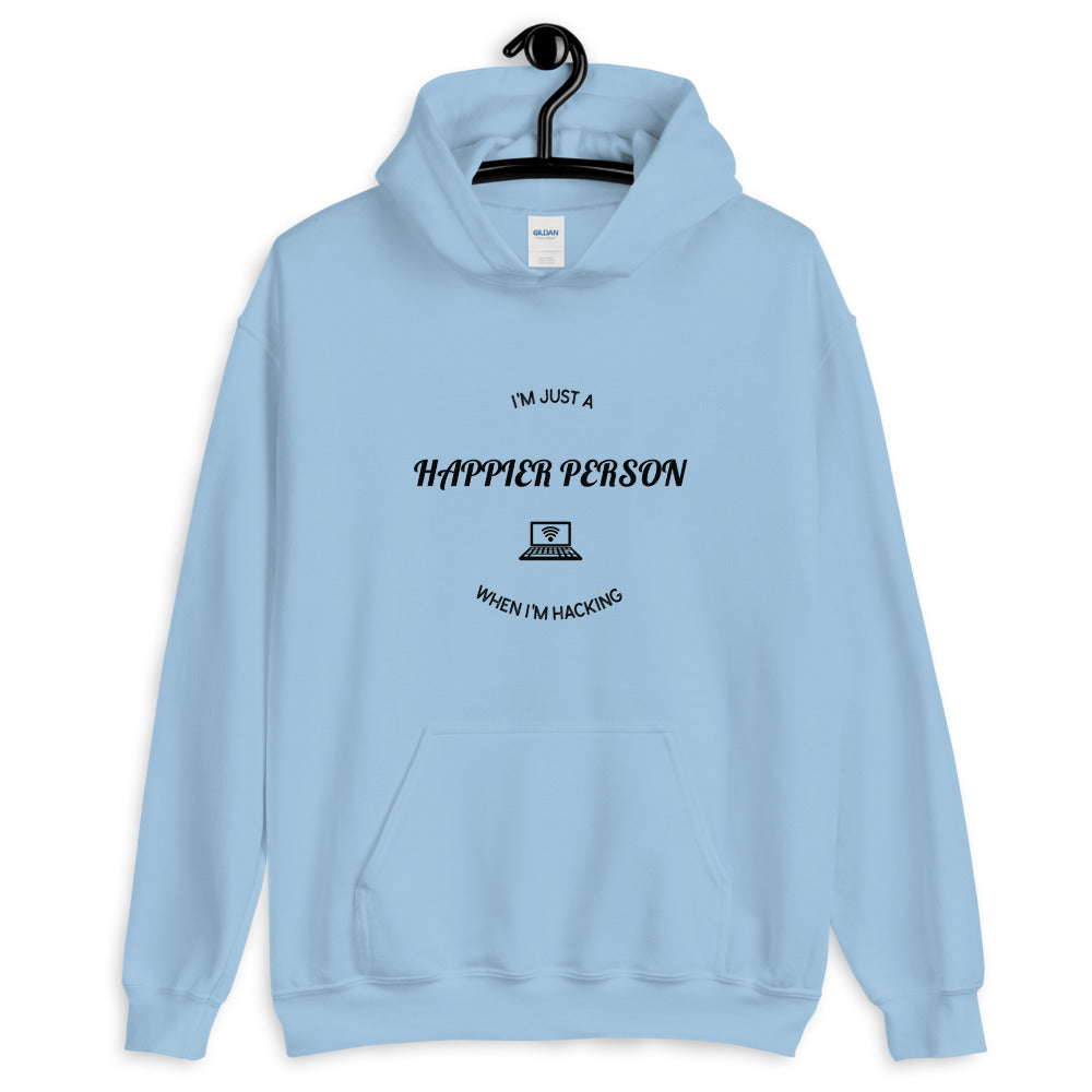 I'm a happier person when I'm hacking - Unisex Hoodie (black text) by DarkByteGear