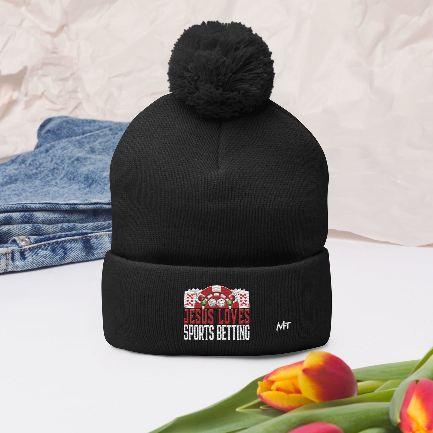 Jesus Loves Sports Betting - Pom-Pom Beanie by DarkByteGear