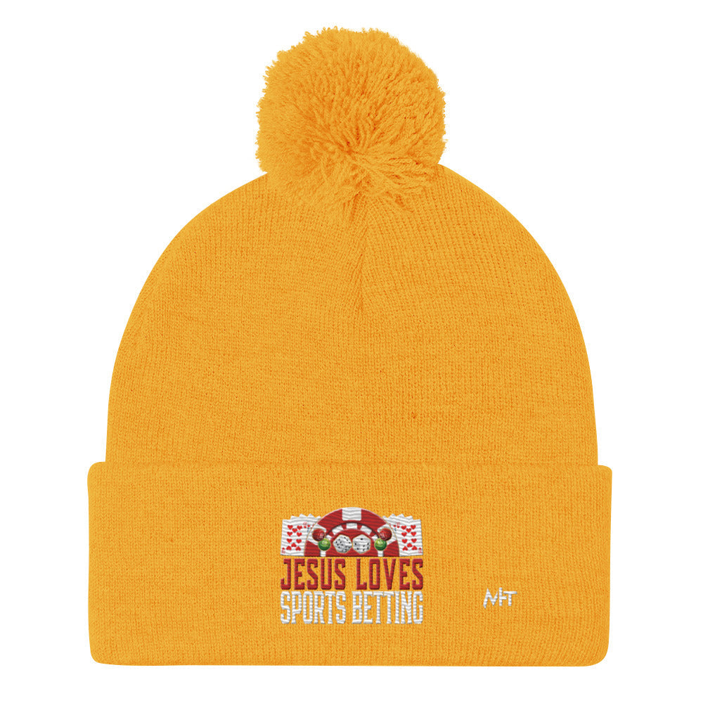 Jesus Loves Sports Betting - Pom-Pom Beanie by DarkByteGear