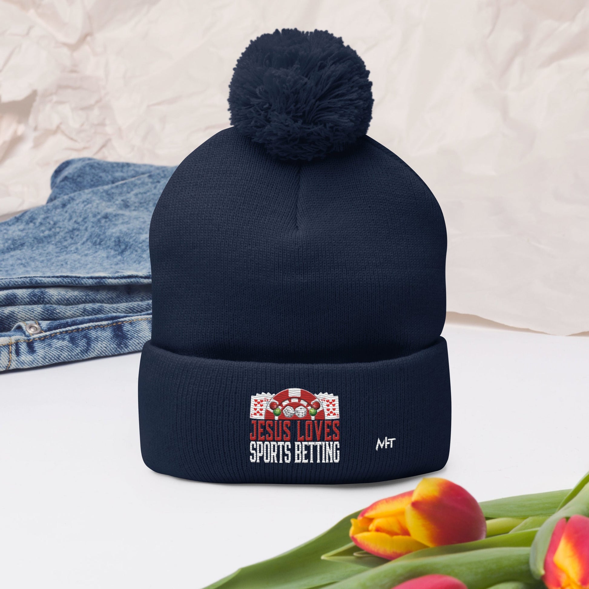 Jesus Loves Sports Betting - Pom-Pom Beanie by DarkByteGear