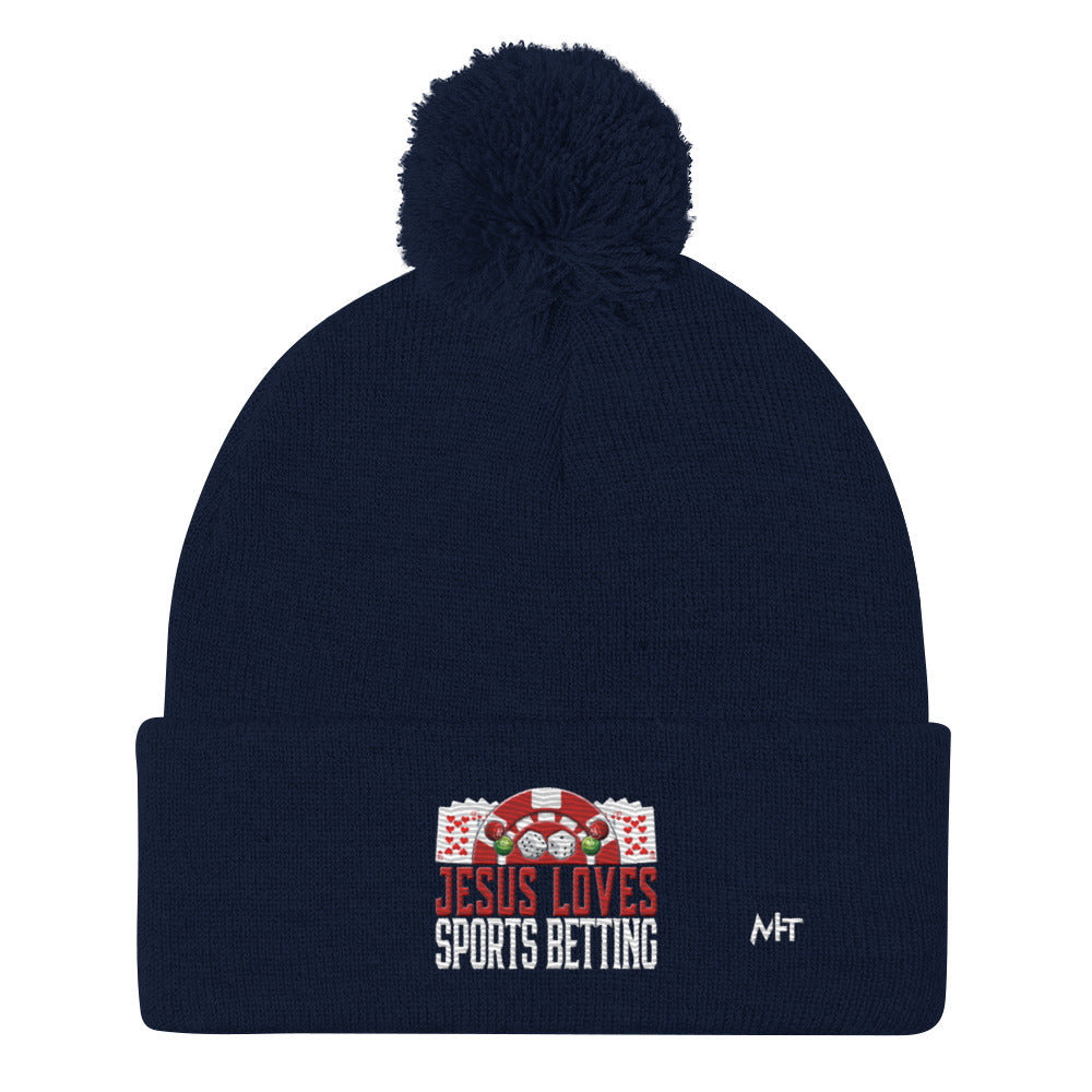Jesus Loves Sports Betting - Pom-Pom Beanie by DarkByteGear