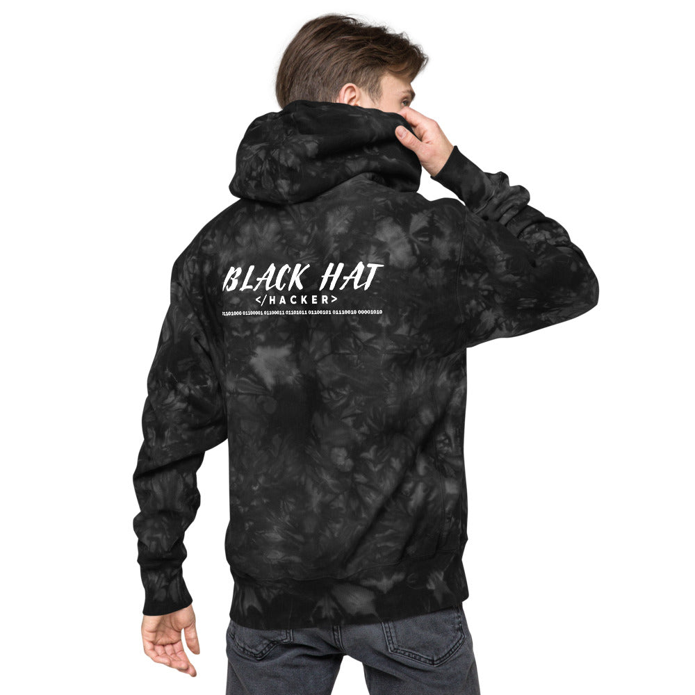 Black Hat Hacker V2 - Unisex Champion tie-dye hoodie (back print) by DarkByteGear