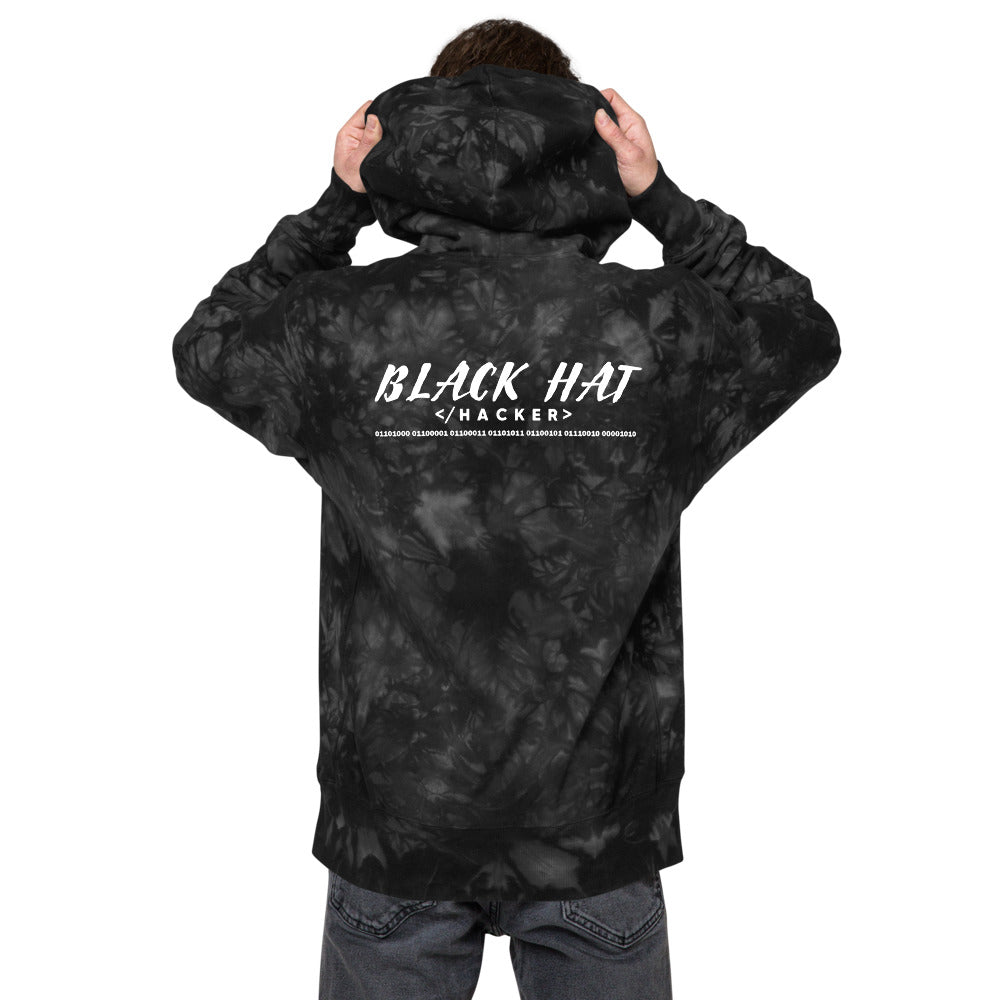 Black Hat Hacker V2 - Unisex Champion tie-dye hoodie (back print) by DarkByteGear