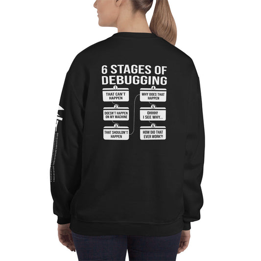 6 Stages of Debugging - Unisex Sweatshirt (back print) by DarkByteGear