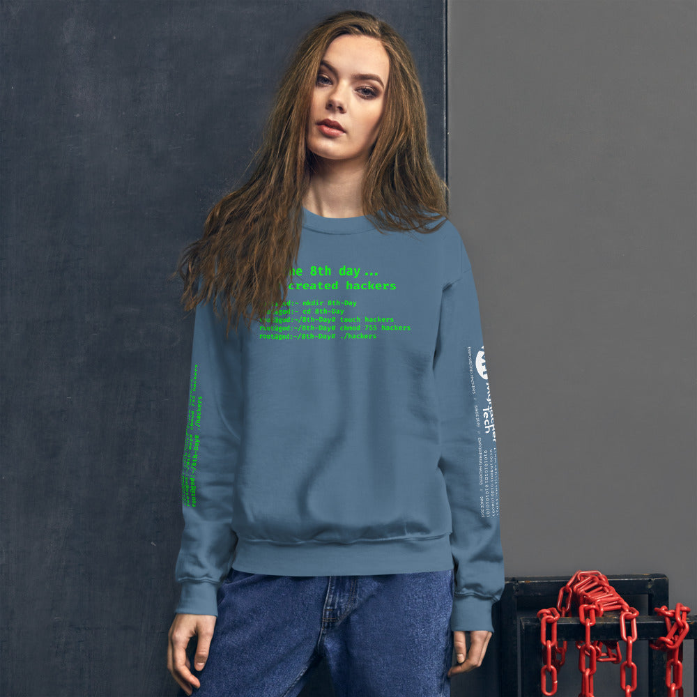 On the 8th day God created hackers - Unisex Sweatshirt (front + sleeve print) by DarkByteGear