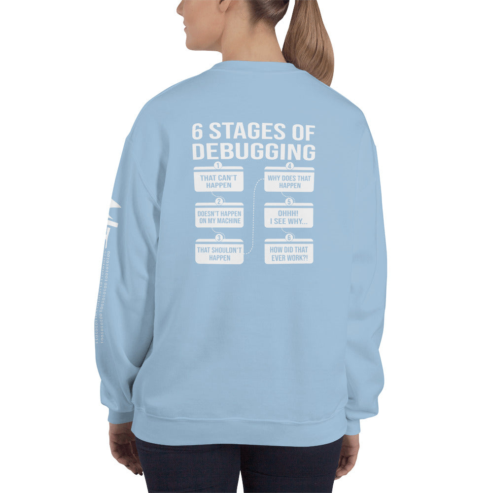 6 Stages of Debugging - Unisex Sweatshirt (back print) by DarkByteGear