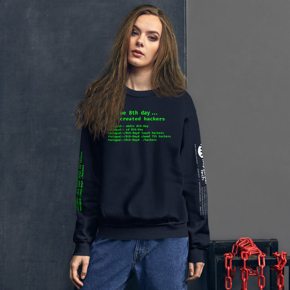 On the 8th day God created hackers - Unisex Sweatshirt (front + sleeve print) by DarkByteGear