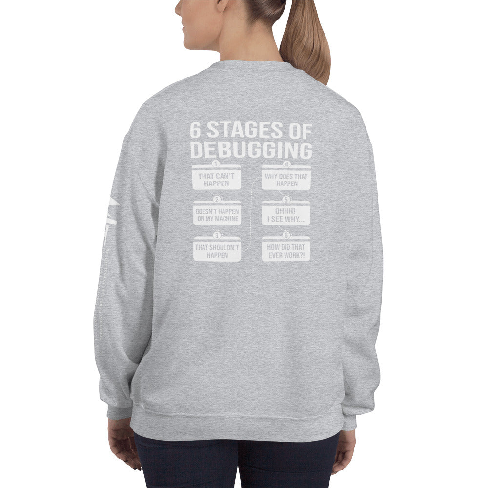 6 Stages of Debugging - Unisex Sweatshirt (back print) by DarkByteGear