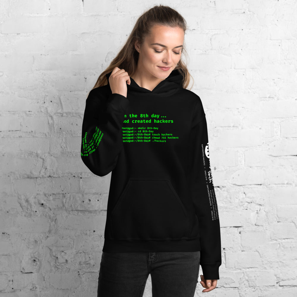 On the 8th day God created hackers - Unisex Hoodie (front + sleeve print) by DarkByteGear