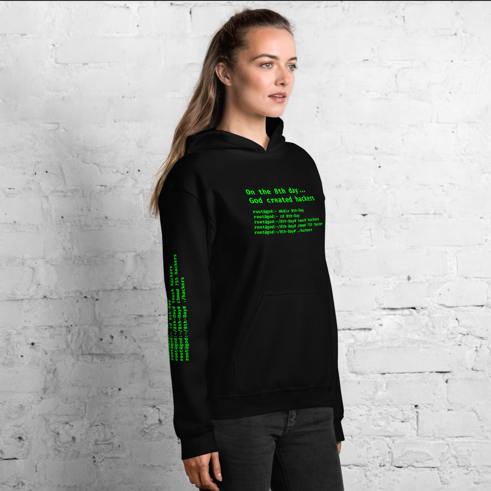 On the 8th day God created hackers - Unisex Hoodie (front + sleeve print) by DarkByteGear