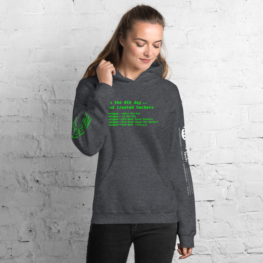 On the 8th day God created hackers - Unisex Hoodie (front + sleeve print) by DarkByteGear