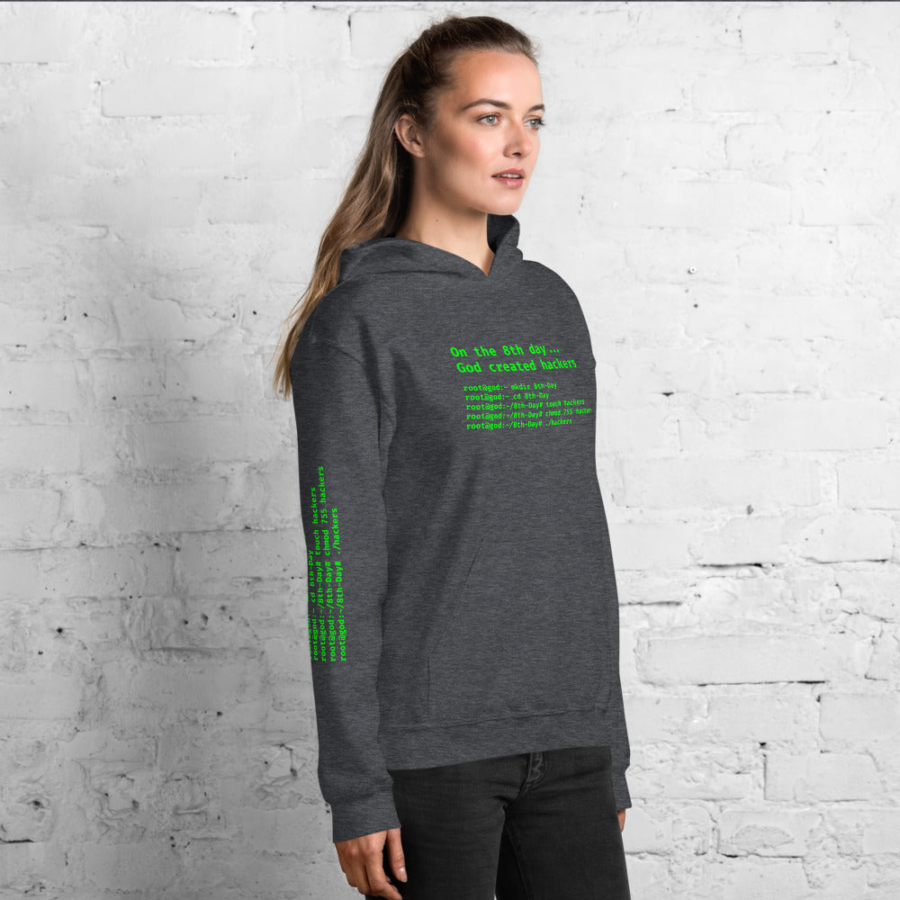 On the 8th day God created hackers - Unisex Hoodie (front + sleeve print) by DarkByteGear