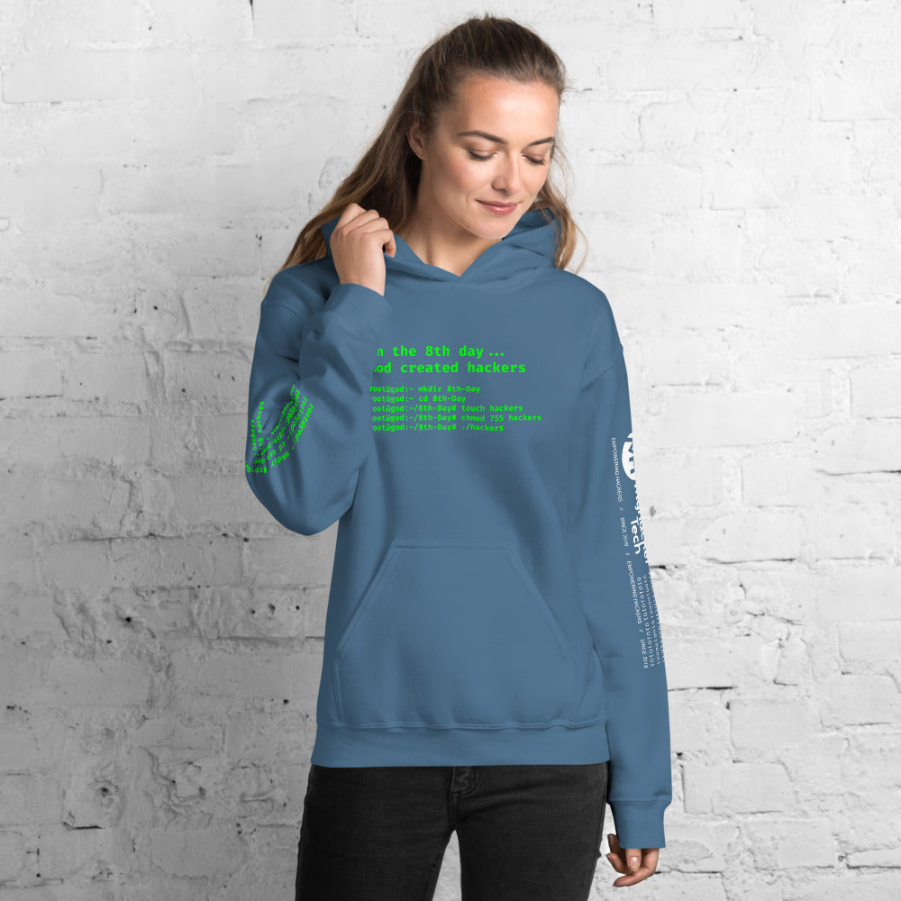 On the 8th day God created hackers - Unisex Hoodie (front + sleeve print) by DarkByteGear