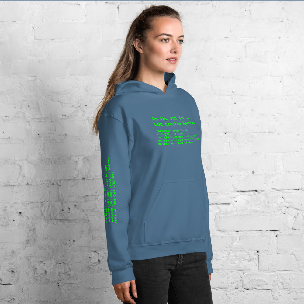 On the 8th day God created hackers - Unisex Hoodie (front + sleeve print) by DarkByteGear