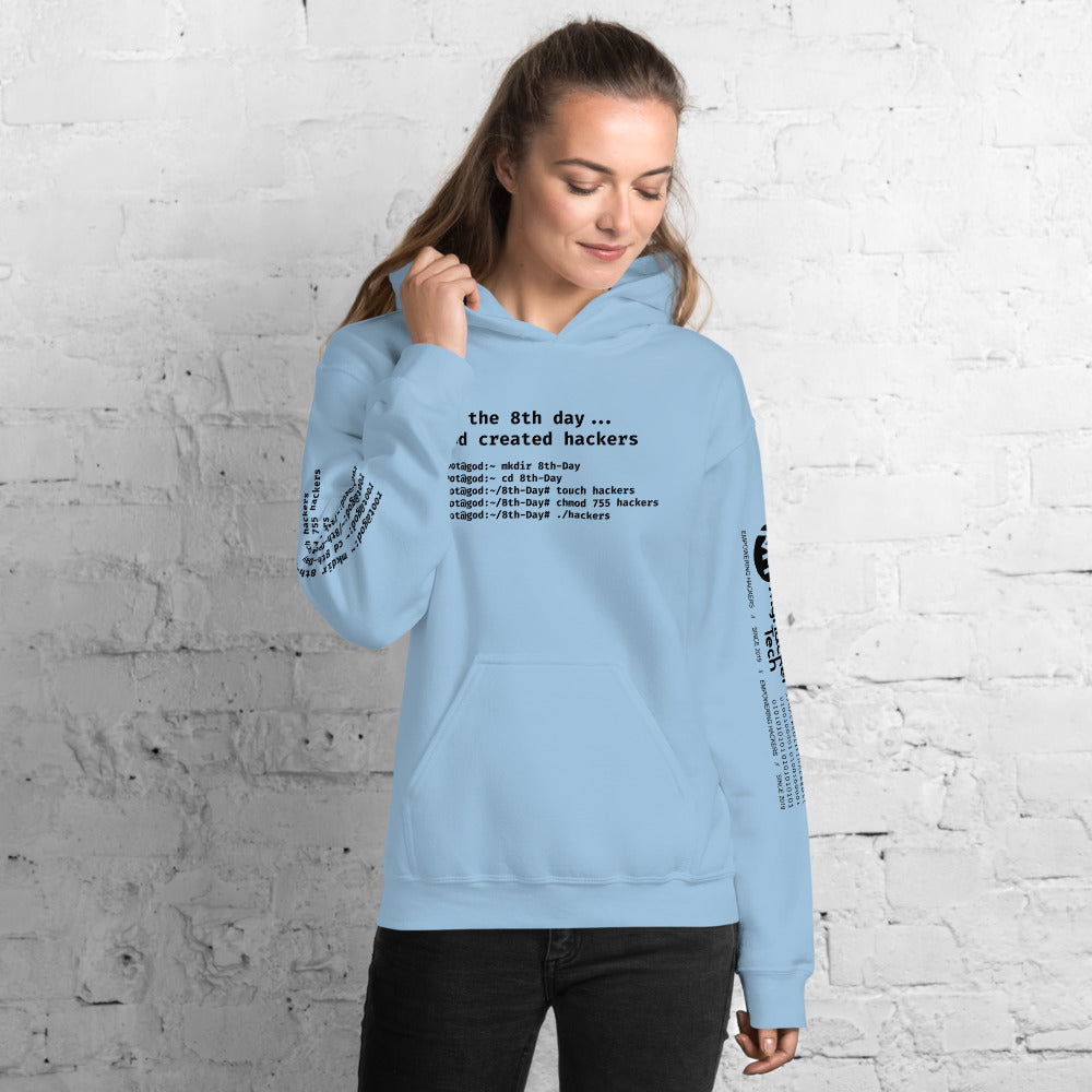 On the 8th day God created hackers - Unisex Hoodie (front + sleeve print) by DarkByteGear