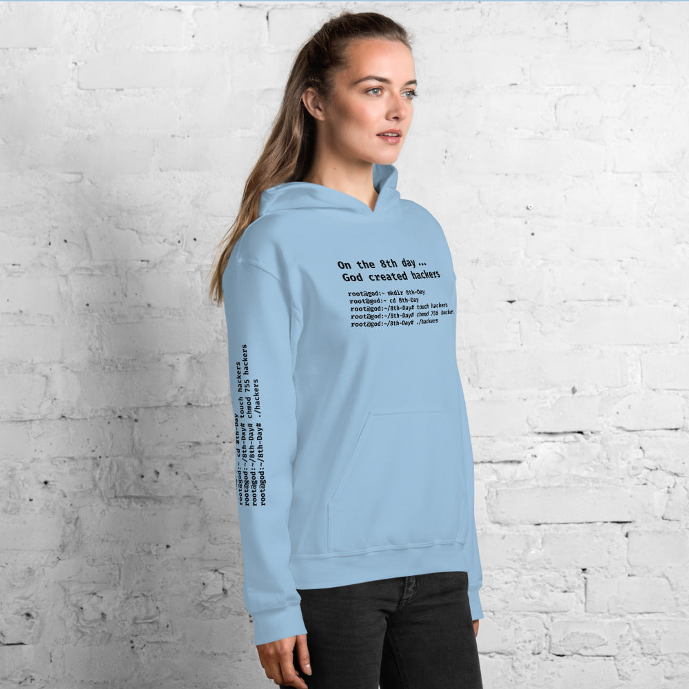 On the 8th day God created hackers - Unisex Hoodie (front + sleeve print) by DarkByteGear