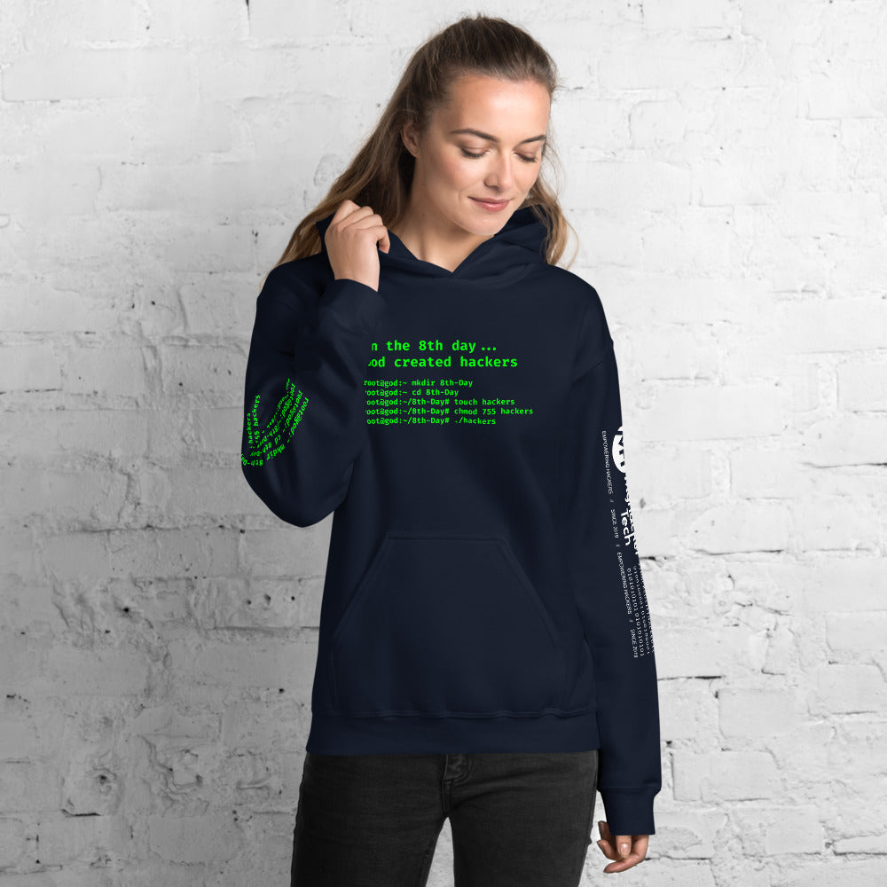 On the 8th day God created hackers - Unisex Hoodie (front + sleeve print) by DarkByteGear