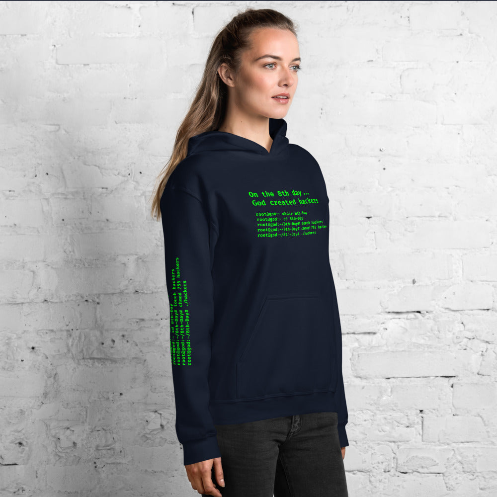 On the 8th day God created hackers - Unisex Hoodie (front + sleeve print) by DarkByteGear