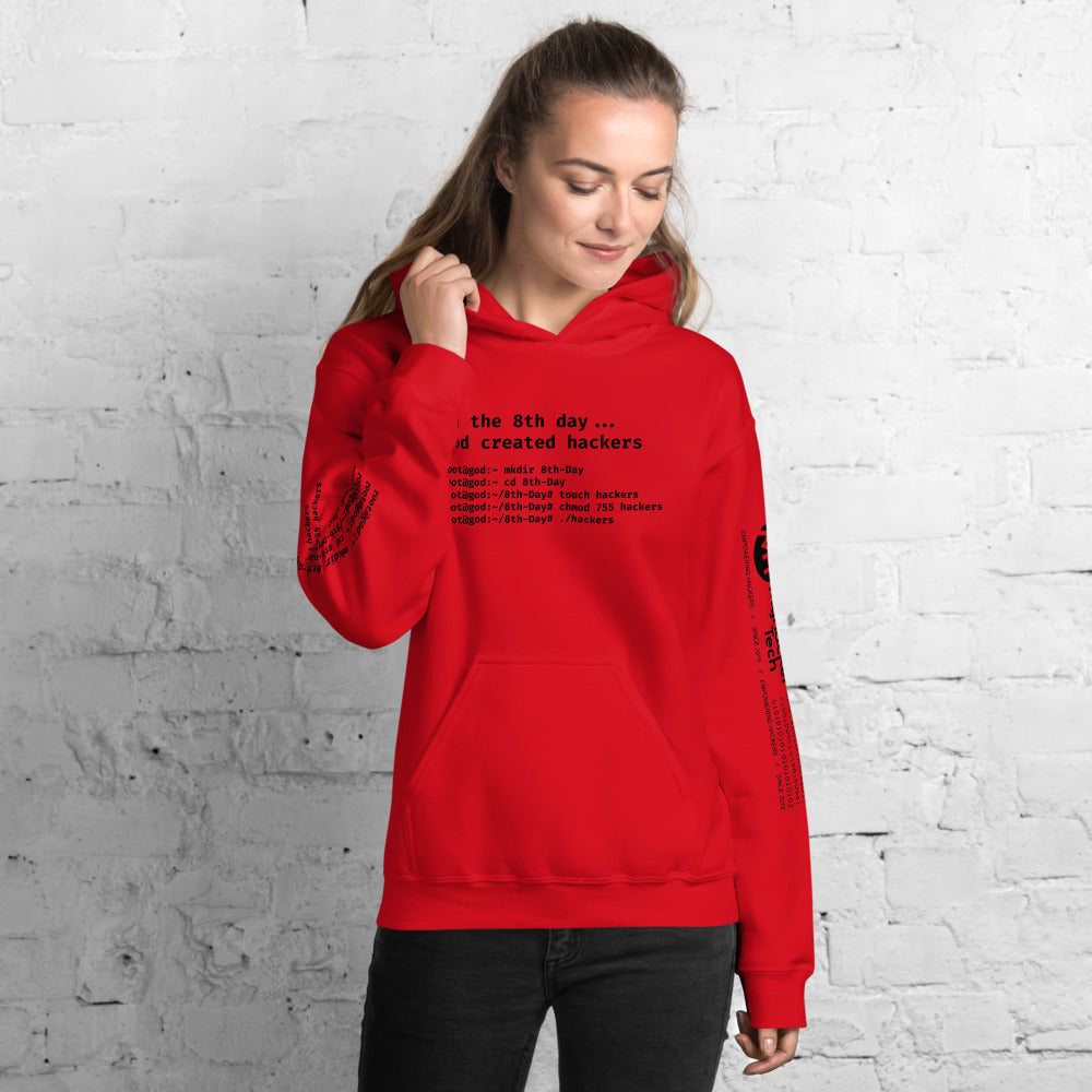On the 8th day God created hackers - Unisex Hoodie (front + sleeve print) by DarkByteGear