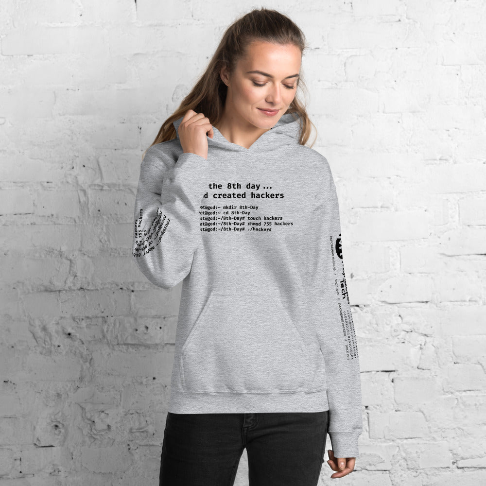 On the 8th day God created hackers - Unisex Hoodie (front + sleeve print) by DarkByteGear