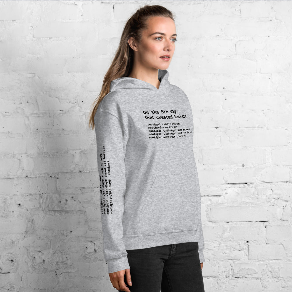 On the 8th day God created hackers - Unisex Hoodie (front + sleeve print) by DarkByteGear