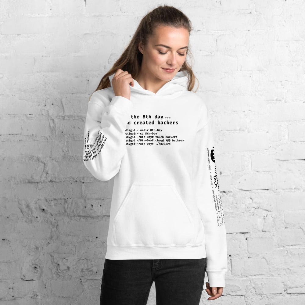 On the 8th day God created hackers - Unisex Hoodie (front + sleeve print) by DarkByteGear