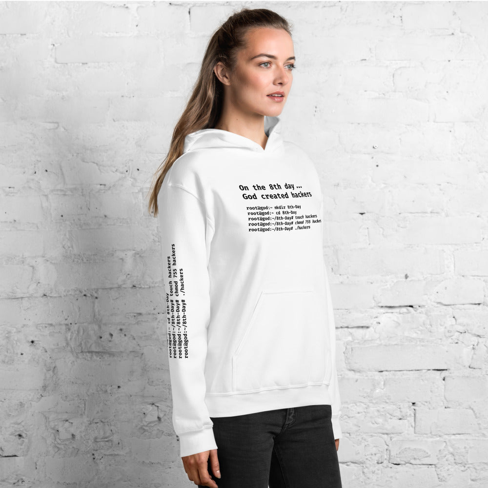 On the 8th day God created hackers - Unisex Hoodie (front + sleeve print) by DarkByteGear