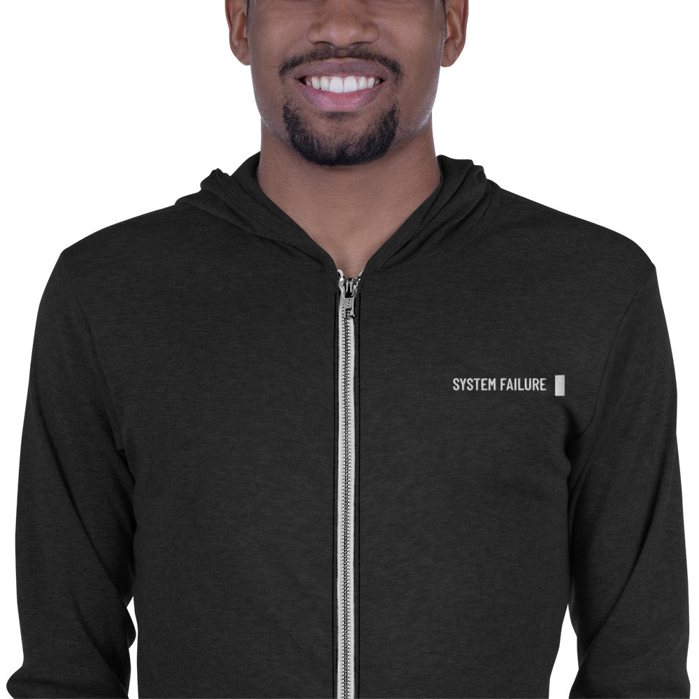 System failure - Unisex zip hoodie (white text) by DarkByteGear