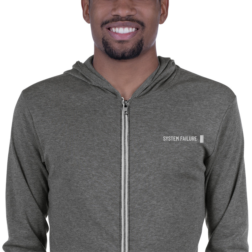 System failure - Unisex zip hoodie (white text) by DarkByteGear