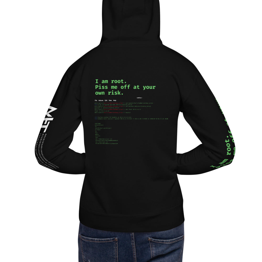 I am root. Piss me off at your own risk - Unisex Hoodie (back print) by DarkByteGear