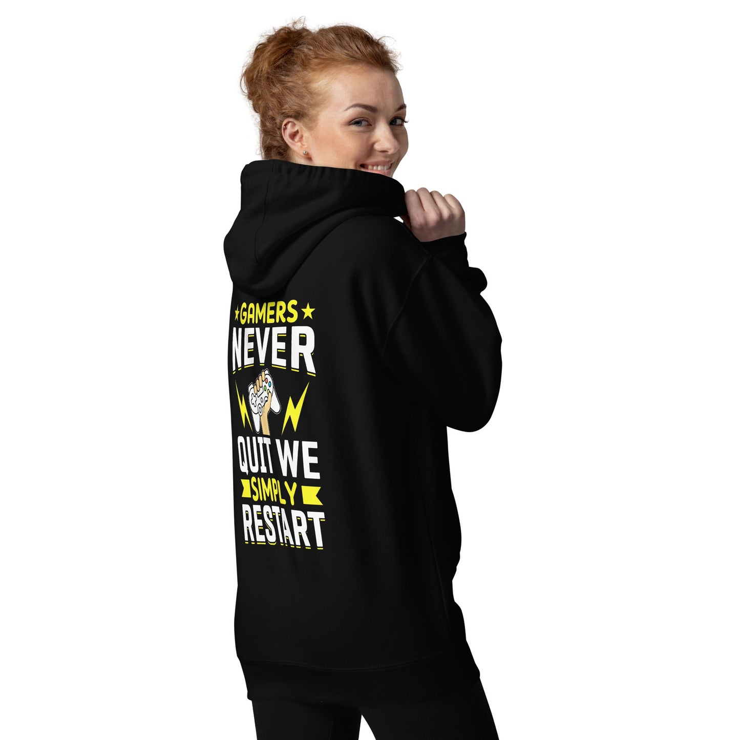 Gamers never Quit, we Simply Restart Unisex Hoodie ( Back Print ) by DarkByteGear