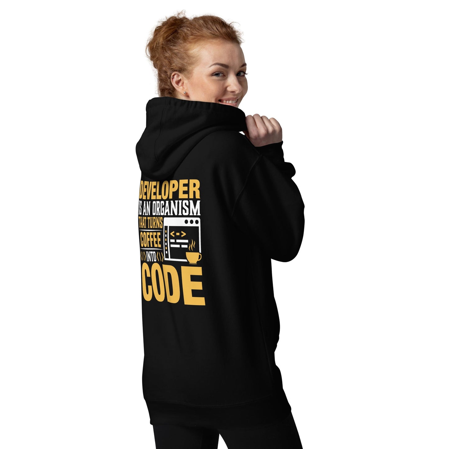 Developer is an Organism that turns Coffee into Code Unisex Hoodie ( Back Print ) by DarkByteGear