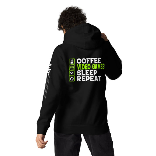 Coffee, Video Games, Sleep, Repeat Unisex Hoodie ( Back Print ) by DarkByteGear
