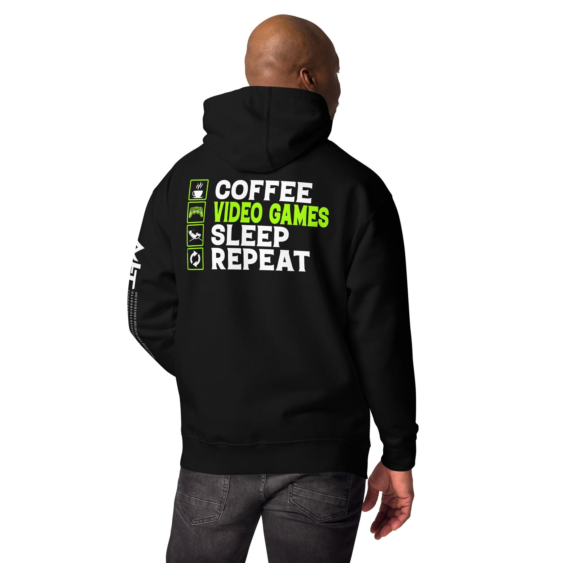 Coffee, Video Games, Sleep, Repeat Unisex Hoodie ( Back Print ) by DarkByteGear