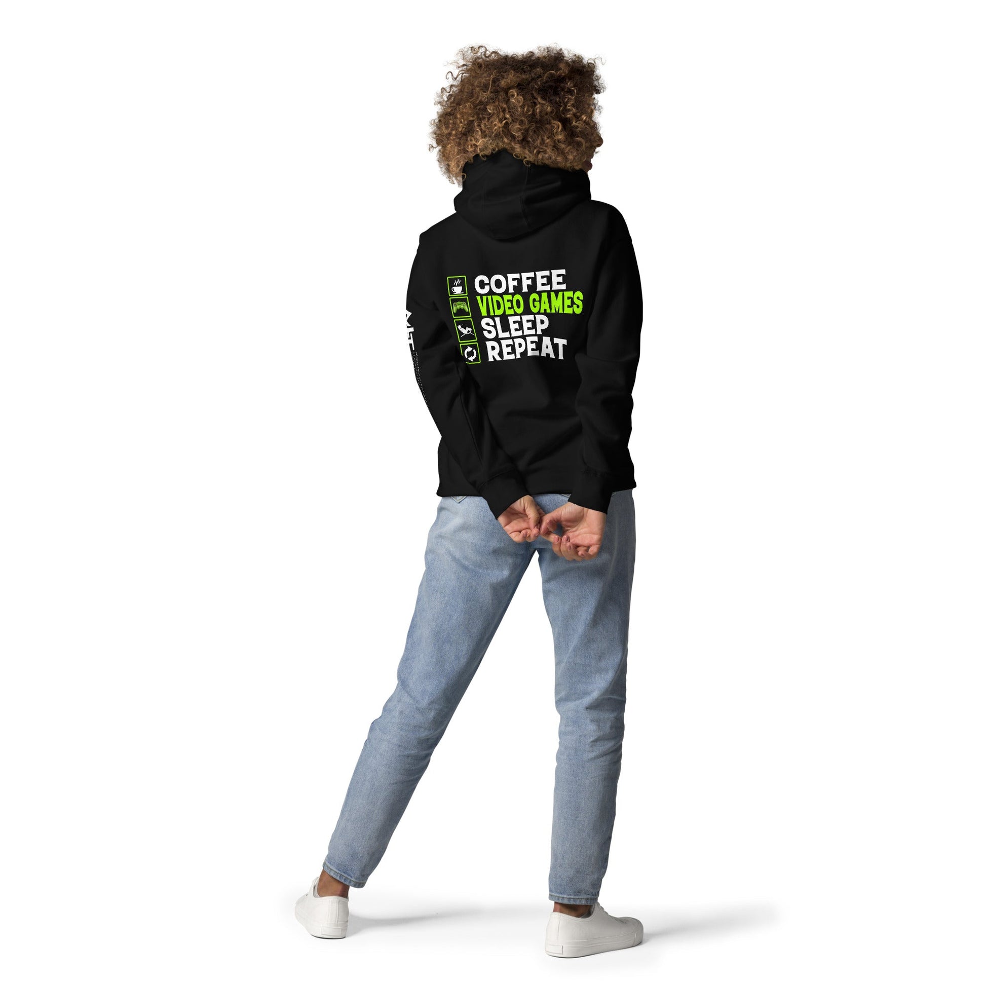 Coffee, Video Games, Sleep, Repeat Unisex Hoodie ( Back Print ) by DarkByteGear