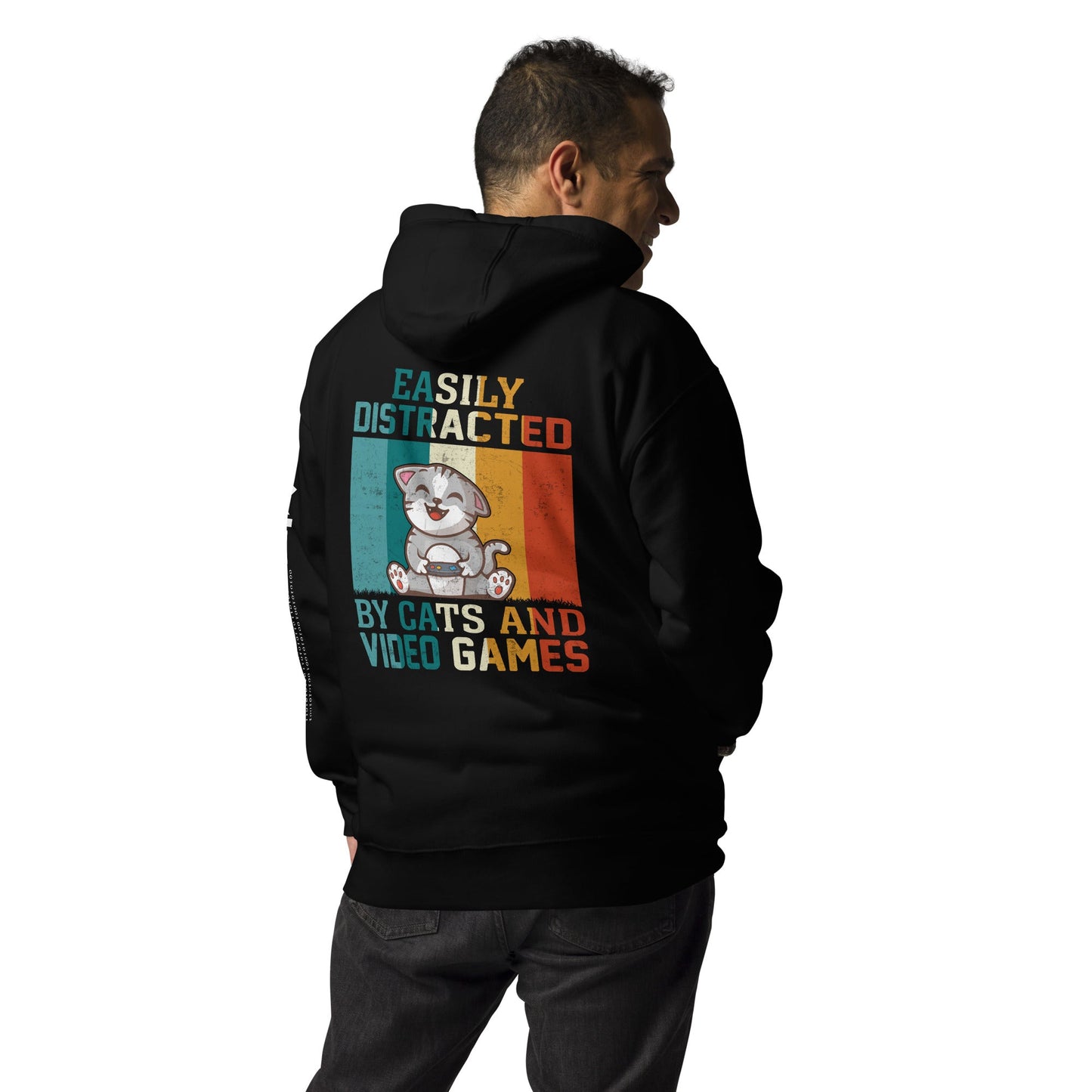 Easily Distracted by Cats and Video Games Unisex Hoodie ( Back Print ) by DarkByteGear