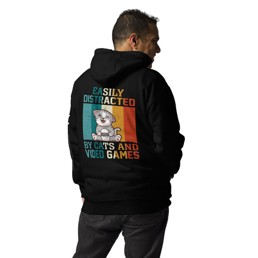 Easily Distracted by Cats and Video Games Unisex Hoodie ( Back Print ) by DarkByteGear