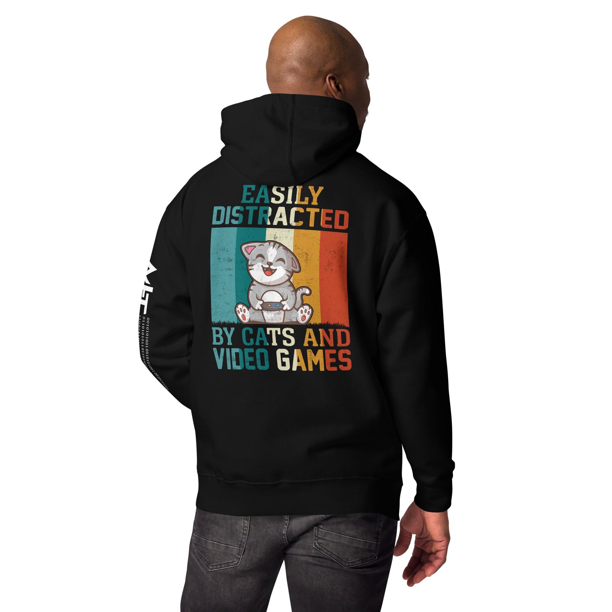 Easily Distracted by Cats and Video Games Unisex Hoodie ( Back Print ) by DarkByteGear