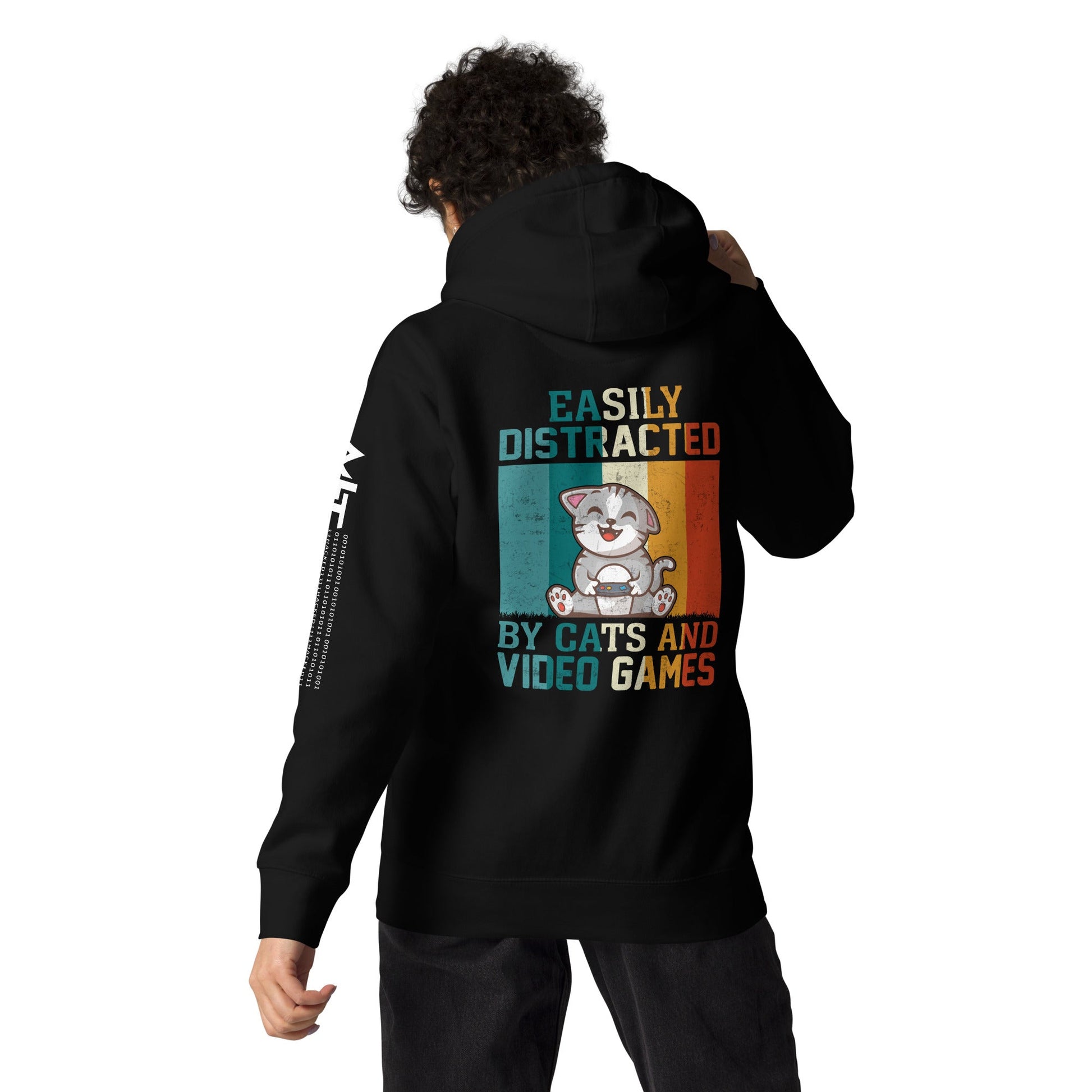 Easily Distracted by Cats and Video Games Unisex Hoodie ( Back Print ) by DarkByteGear