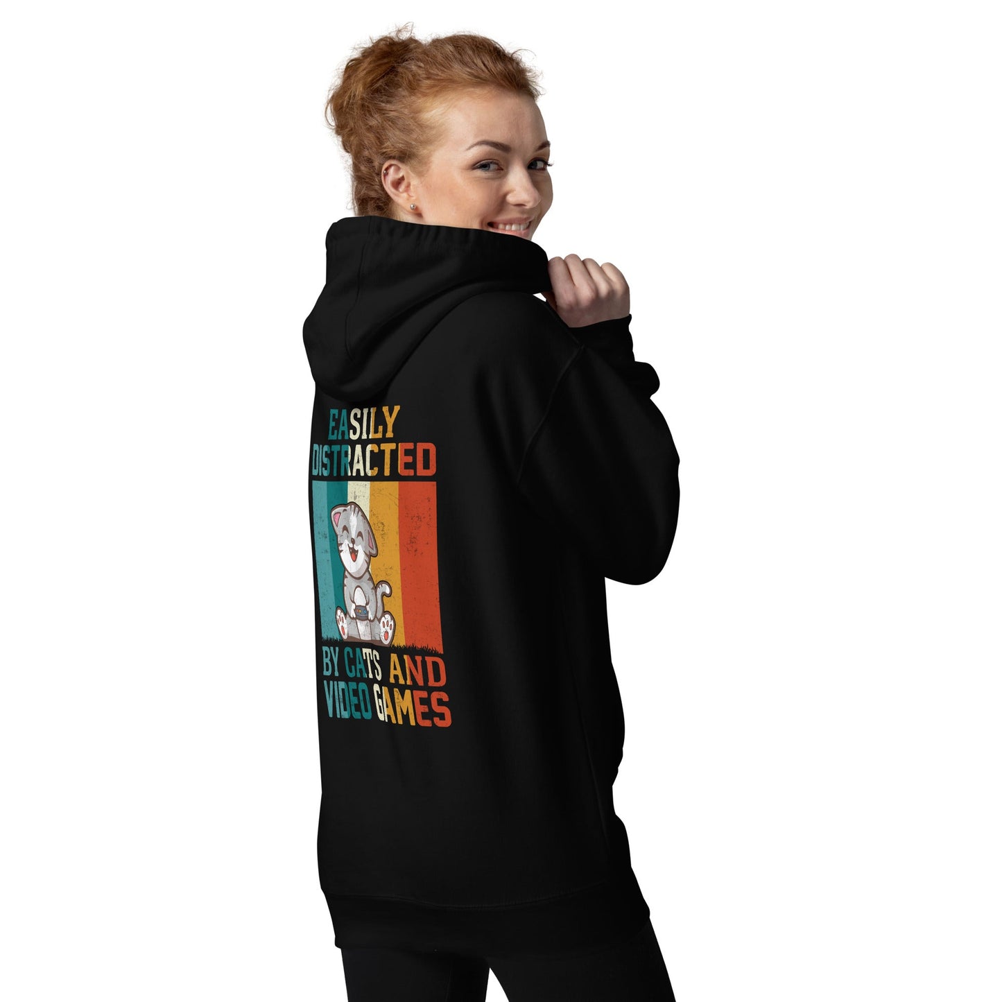 Easily Distracted by Cats and Video Games Unisex Hoodie ( Back Print ) by DarkByteGear