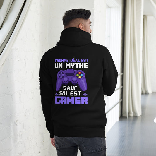 L'HOMME IDEAL EST UN MYTHE SAUF S'IL EST GAMER - Unisex Hoodie ( Back Print ) by DarkByteGear
