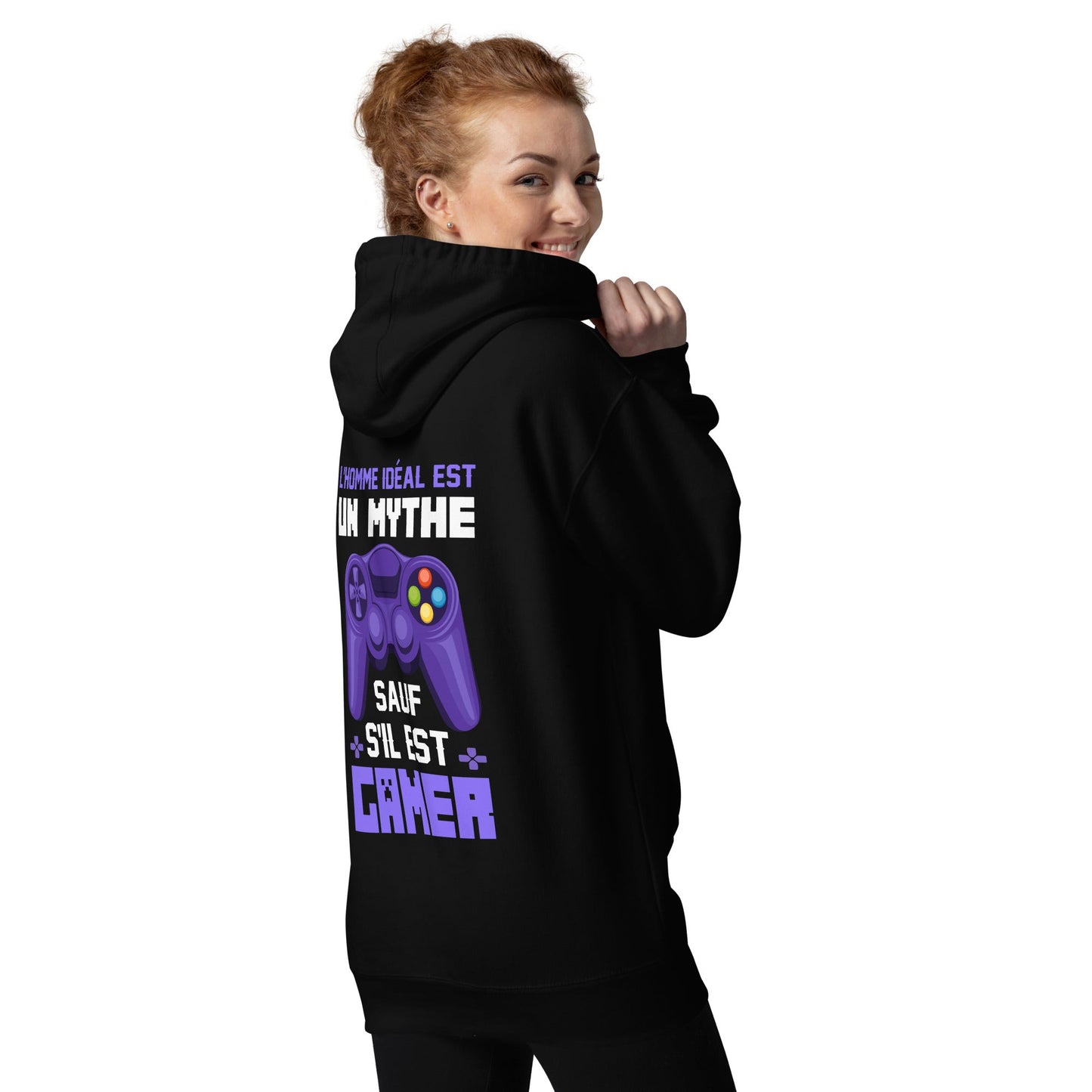 L'HOMME IDEAL EST UN MYTHE SAUF S'IL EST GAMER - Unisex Hoodie ( Back Print ) by DarkByteGear