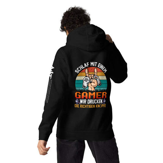 SCHLAF MIT EINEM GAMER WIR DRUCKEN DIE RICHTIGEN KNOPFE - Unisex Hoodie ( Back Print ) by DarkByteGear