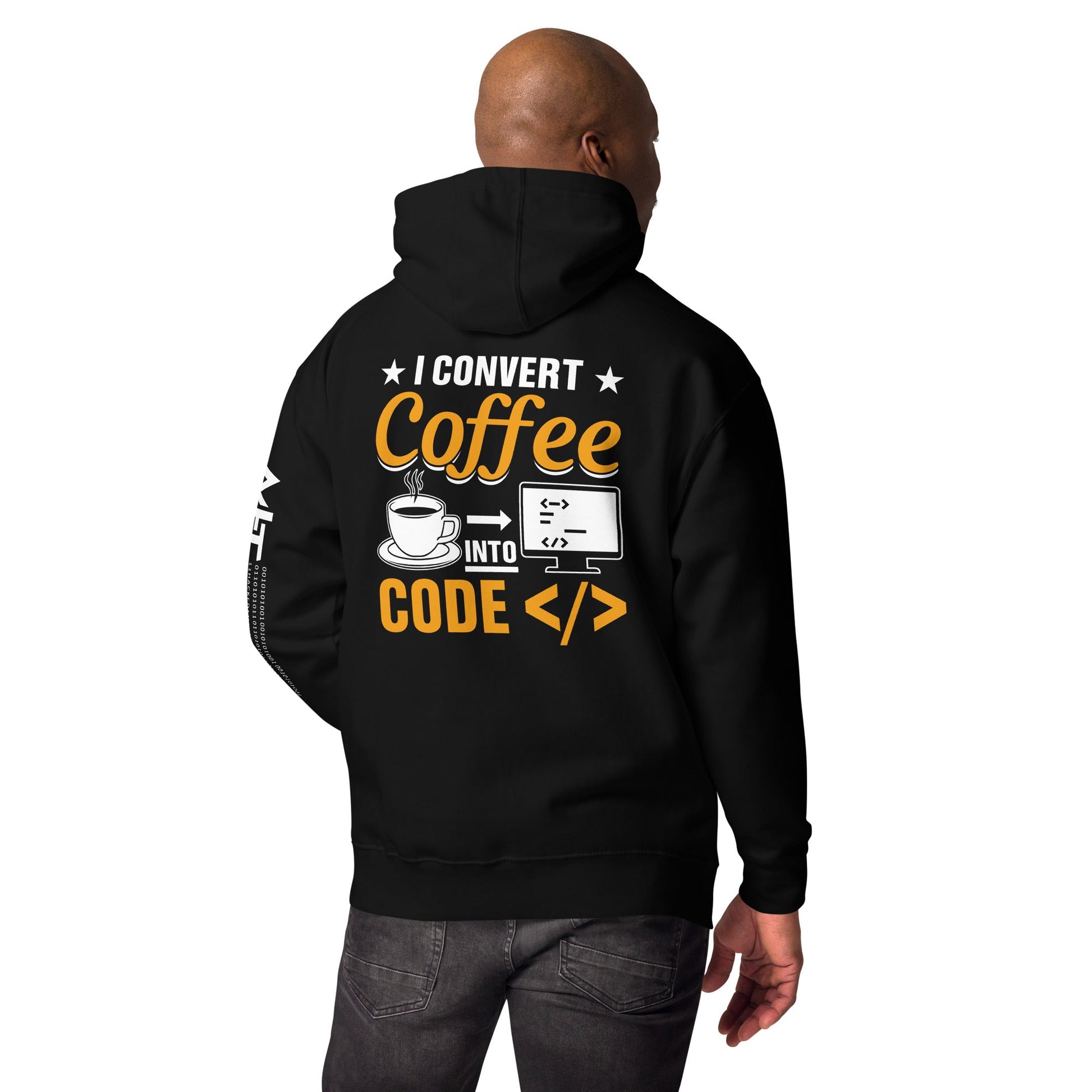 I Convert Coffee into Code </> - Unisex Hoodie ( Back Print ) by DarkByteGear