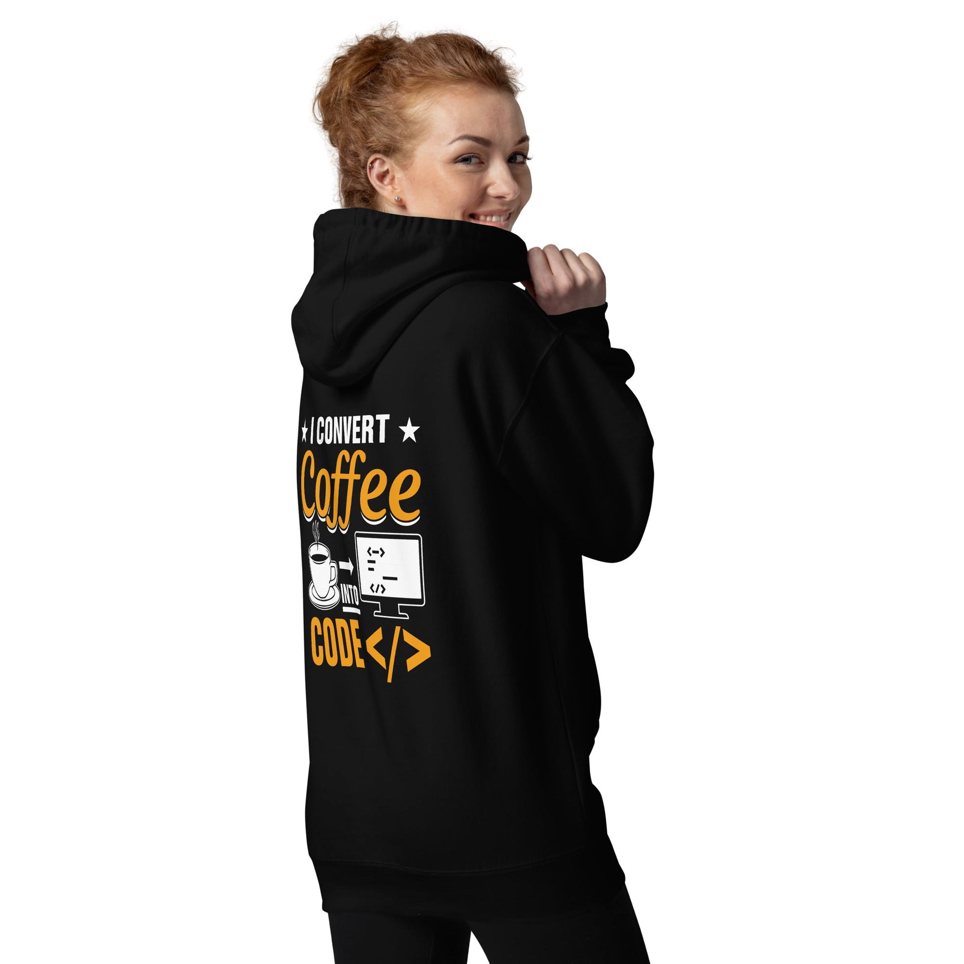 I Convert Coffee into Code </> - Unisex Hoodie ( Back Print ) by DarkByteGear