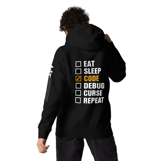 Eat, Sleep, Code √, Debug, Curse, Repeat - Unisex Hoodie ( Back Print ) by DarkByteGear