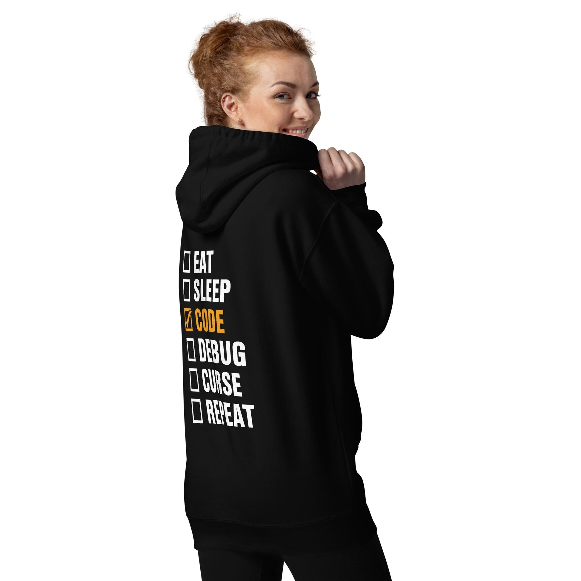 Eat, Sleep, Code √, Debug, Curse, Repeat - Unisex Hoodie ( Back Print ) by DarkByteGear