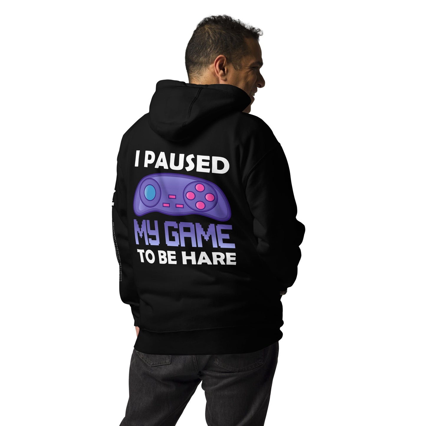 I Paused my Game to Be here (purple text ) - Unisex Hoodie ( Back Print ) by DarkByteGear