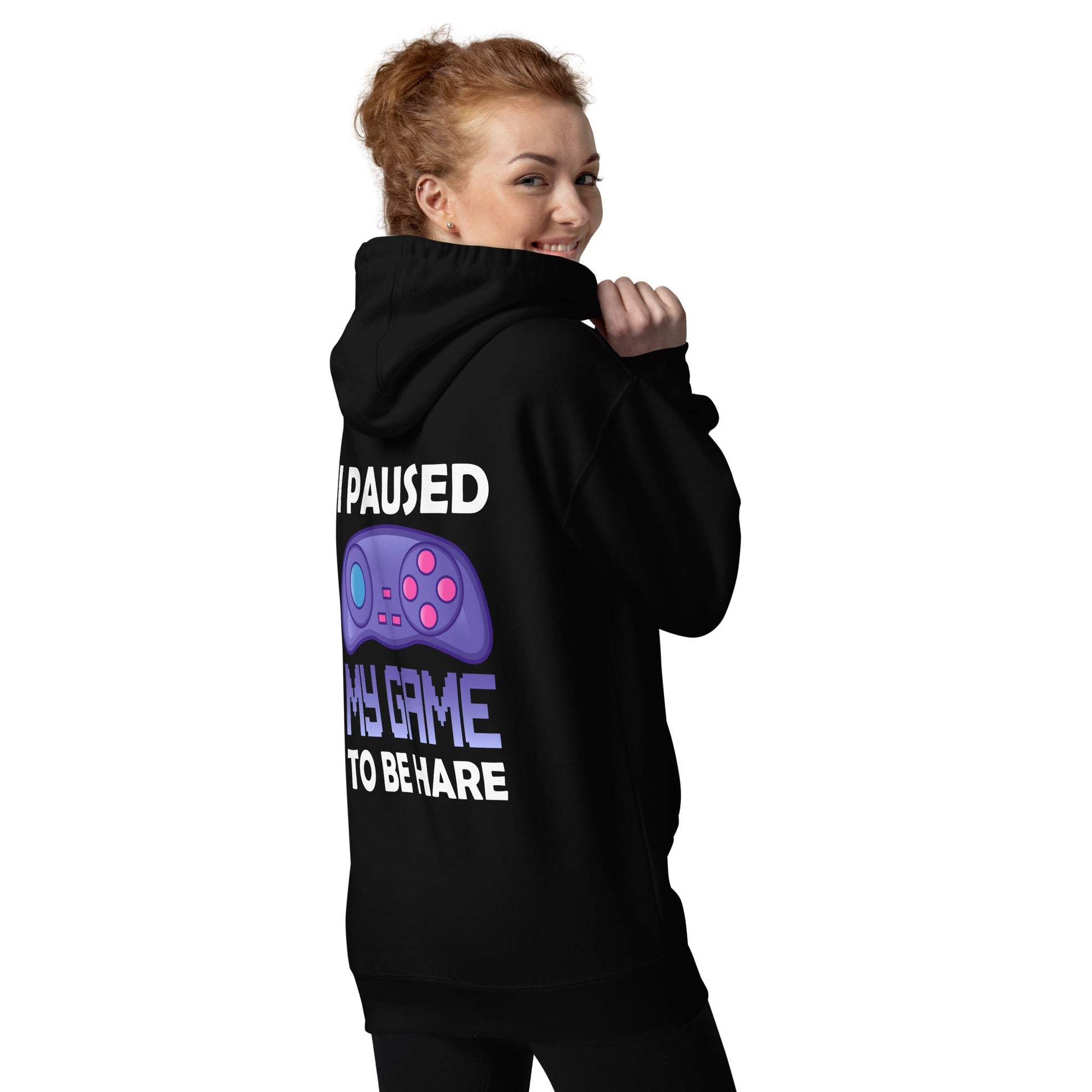 I Paused my Game to Be here (purple text ) - Unisex Hoodie ( Back Print ) by DarkByteGear